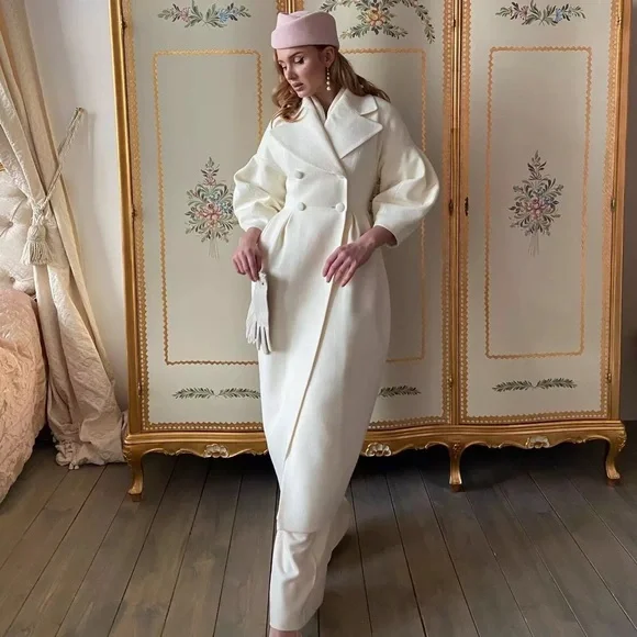 Coat white runway fashion button V-neck long puff lantern sleeve womens - Picture 3 of 9